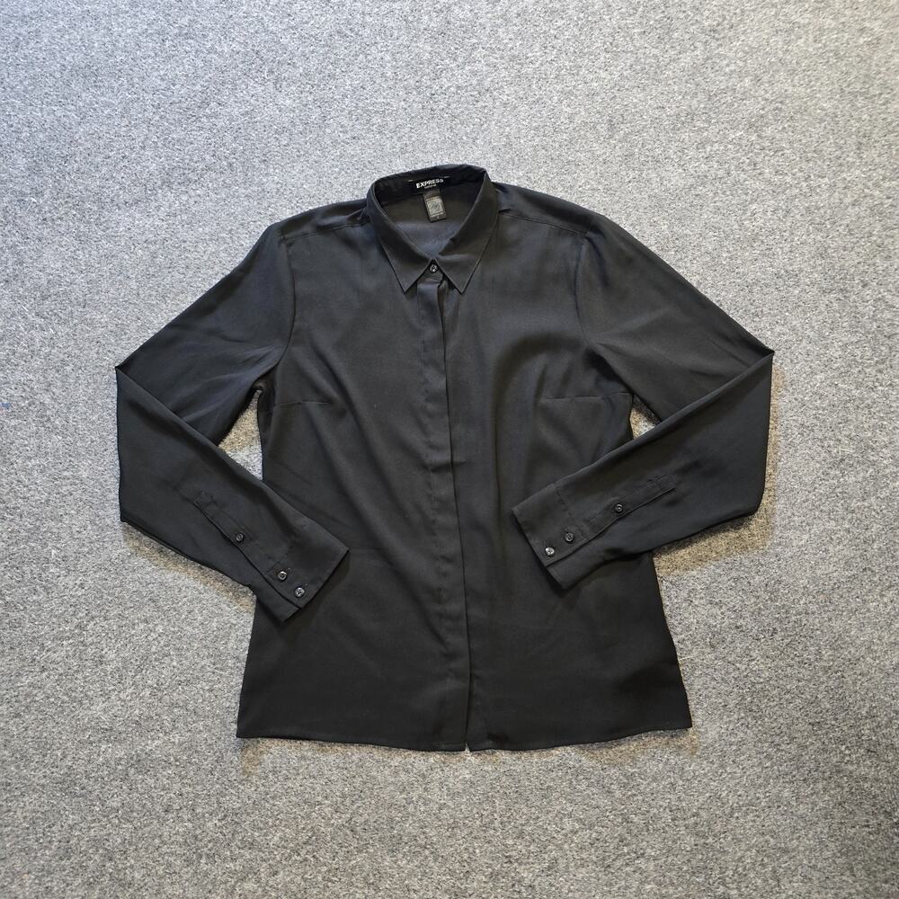Express Top Women Small Black Portofino Satin Button Long Sleeve Capsule Casual
